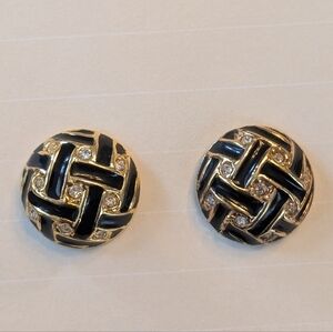 Vintage Roman Signed Black Enamel & Rhinestone Dome Stud Earrings